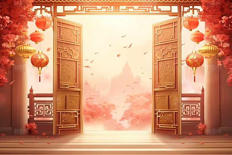 中式传统门楼促销火热背景图