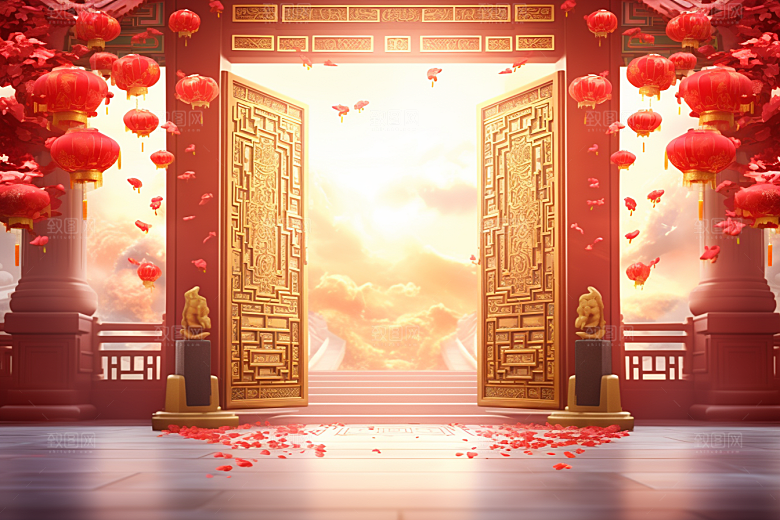 中式传统门楼火热喜庆背景图