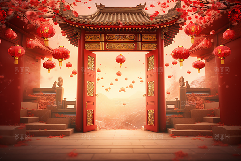 中式传统门楼火热促销背景图