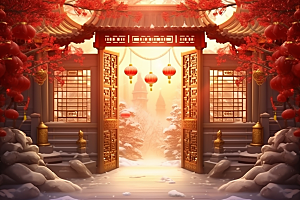 中式传统门楼火热直播背景图