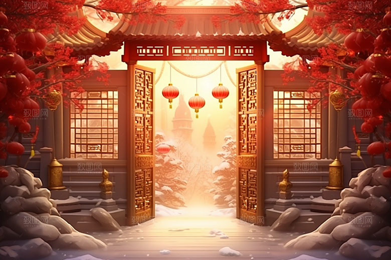 中式传统门楼火热直播背景图