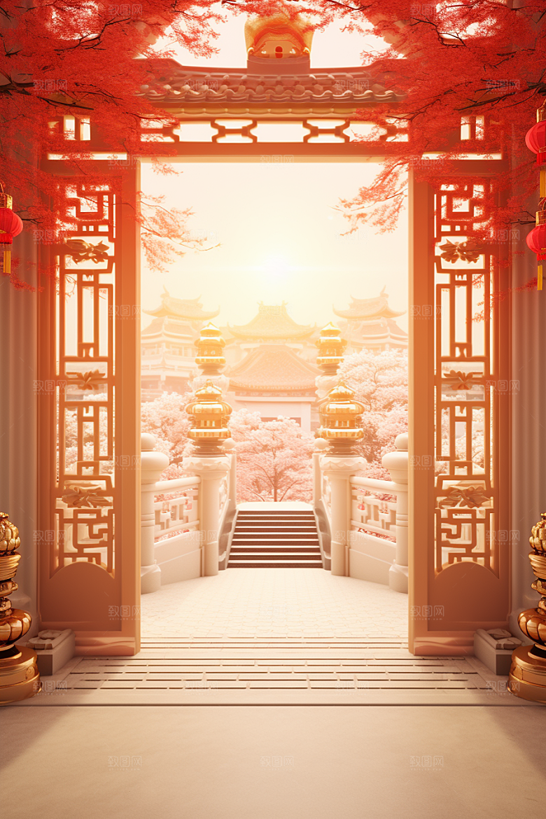 中式传统门楼热卖开业大吉背景图