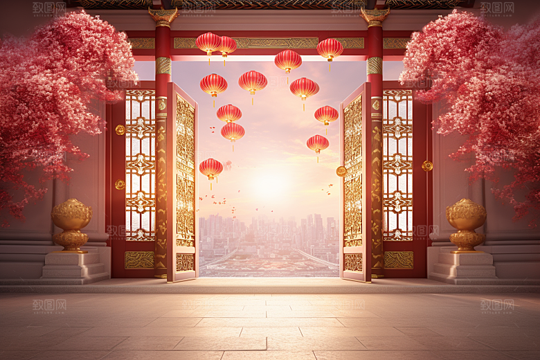 中式传统门楼直播促销背景图