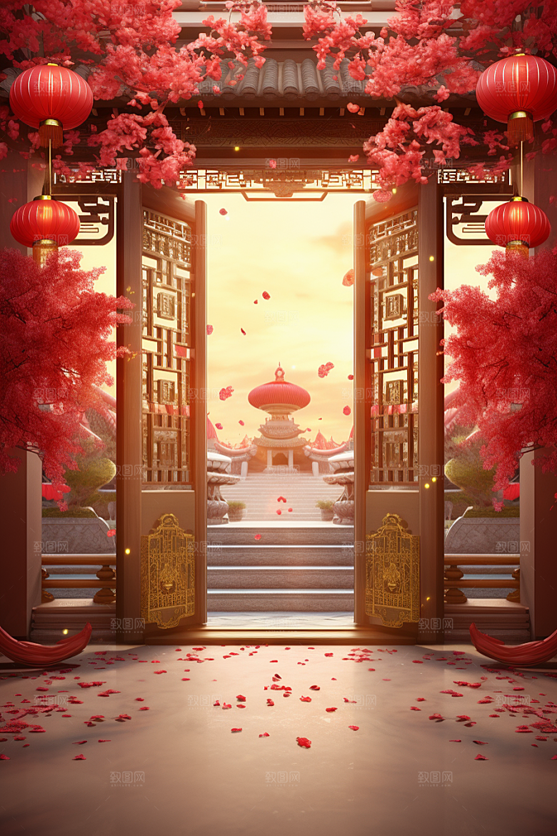 中式传统门楼开业大吉火热背景图