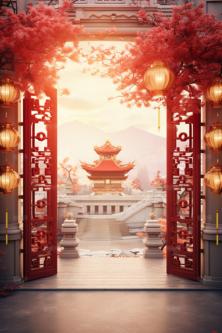 中式传统门楼火热促销背景图