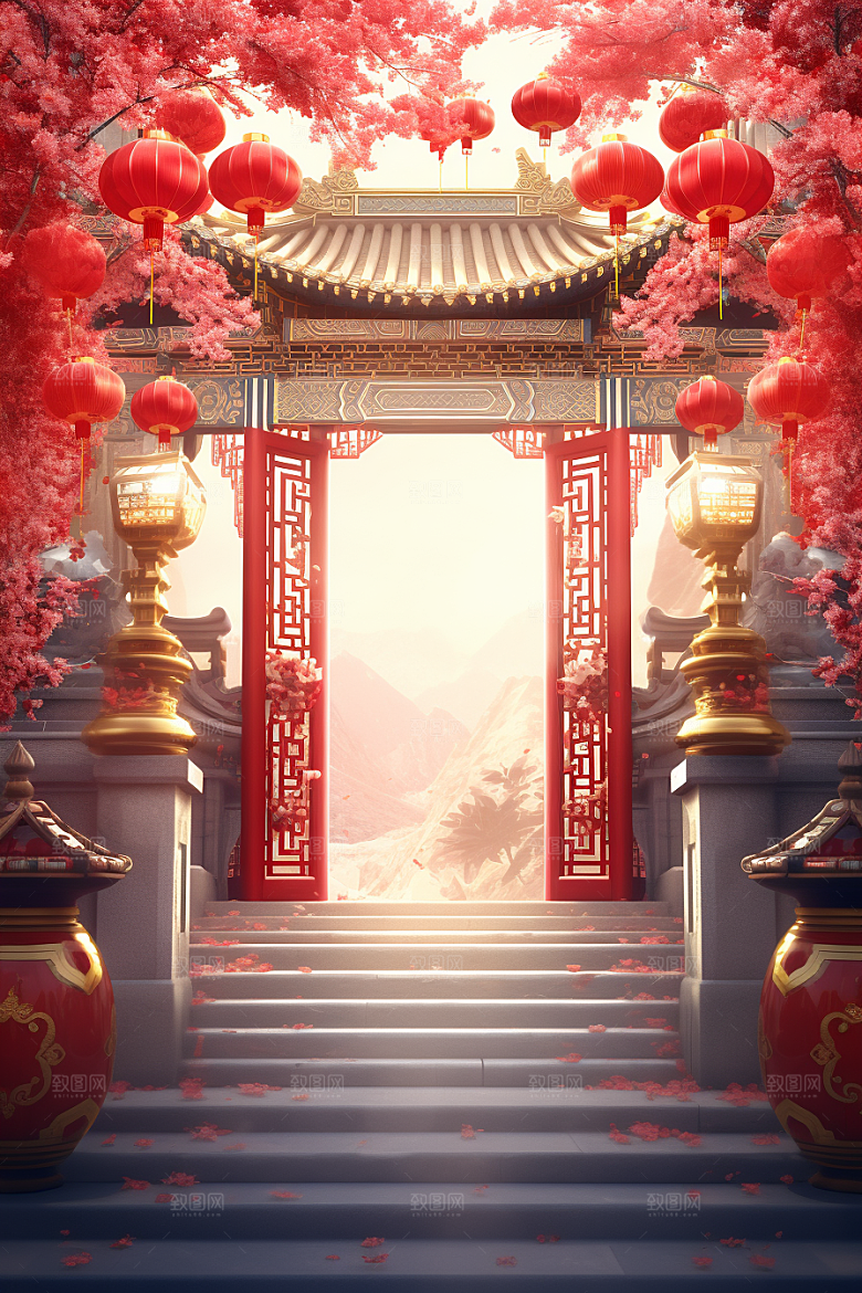 中式传统门楼开门红开业大吉背景图