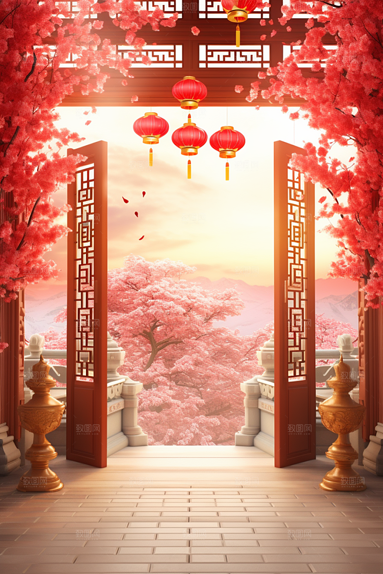 中式传统门楼开业热卖背景图