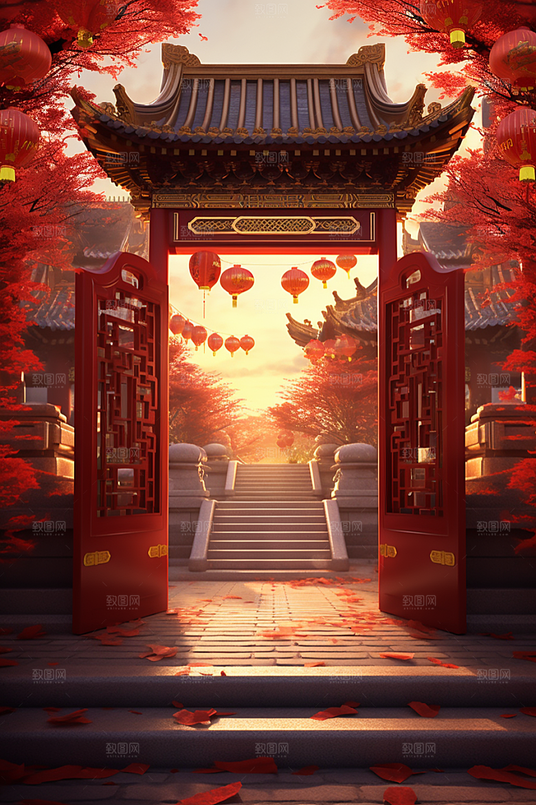 中式传统门楼促销国潮背景图