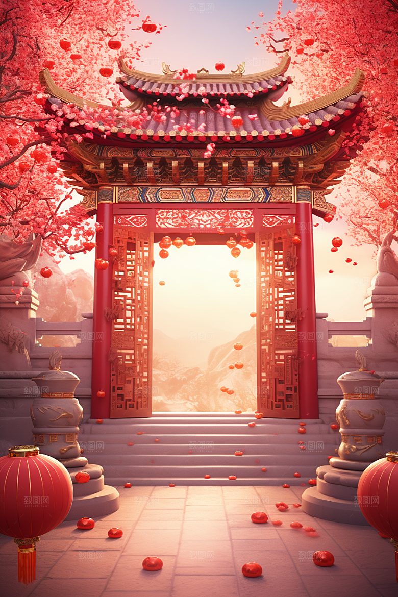 中式传统门楼开业大吉热卖背景图