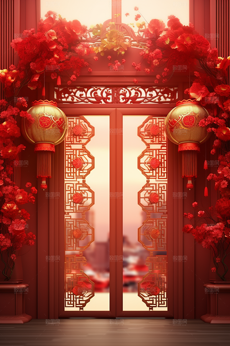 中式传统门楼促销开业大吉背景图