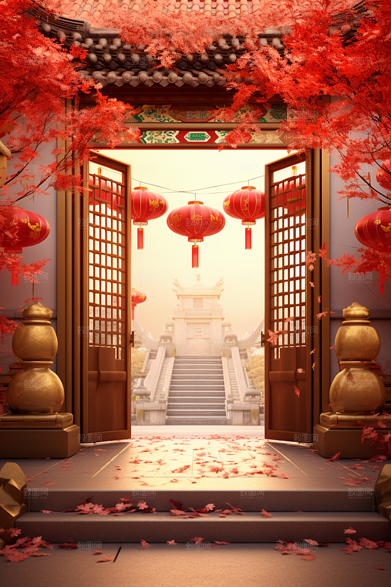 中式传统门楼国潮喜庆背景图