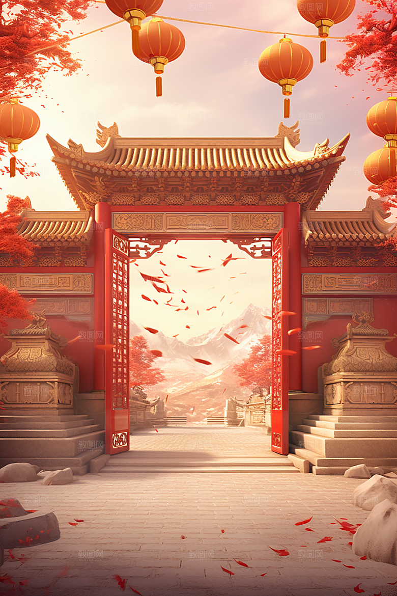 中式传统门楼喜庆直播背景图