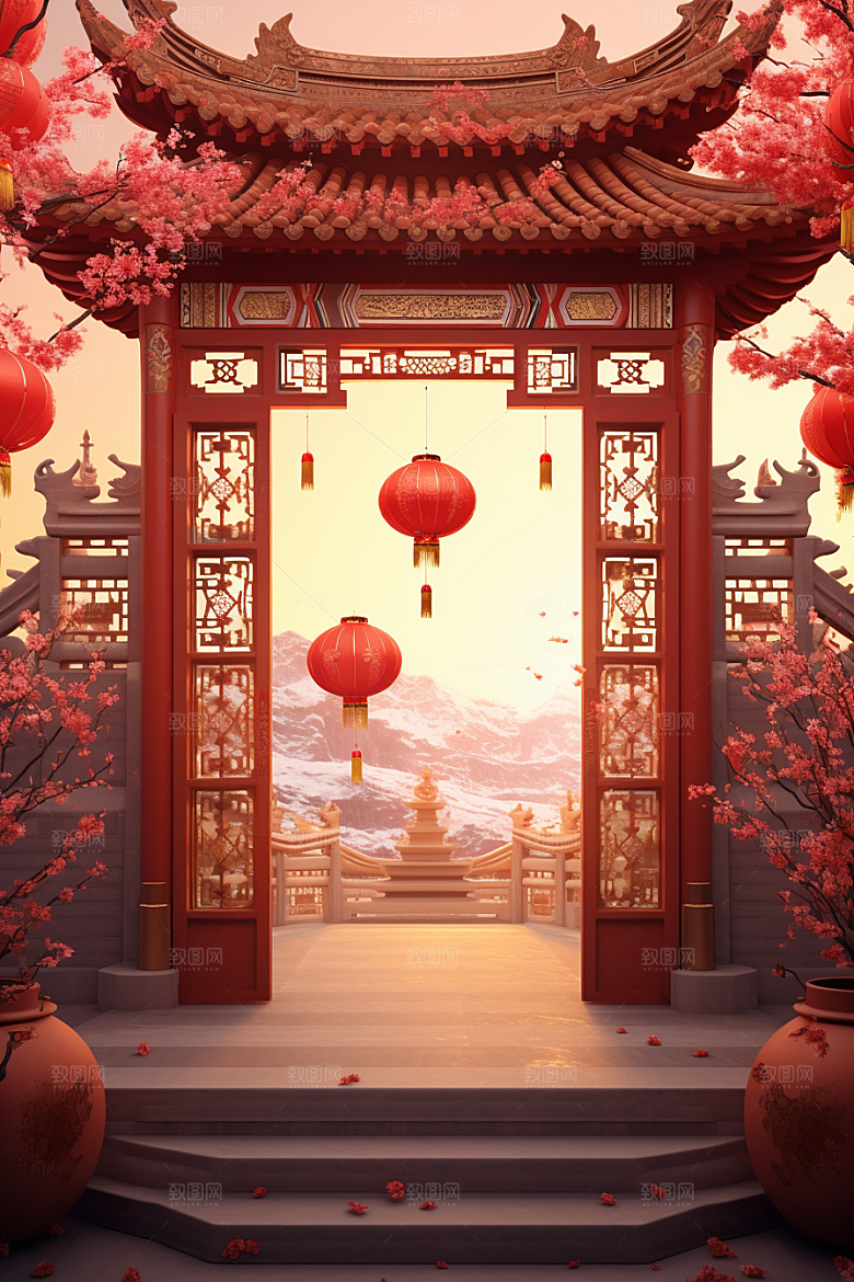 中式传统门楼火热开业背景图