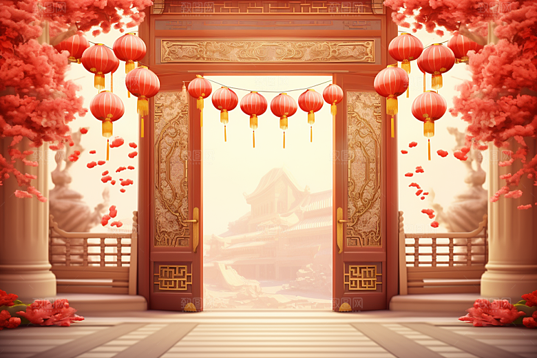 中式传统门楼火热直播背景图