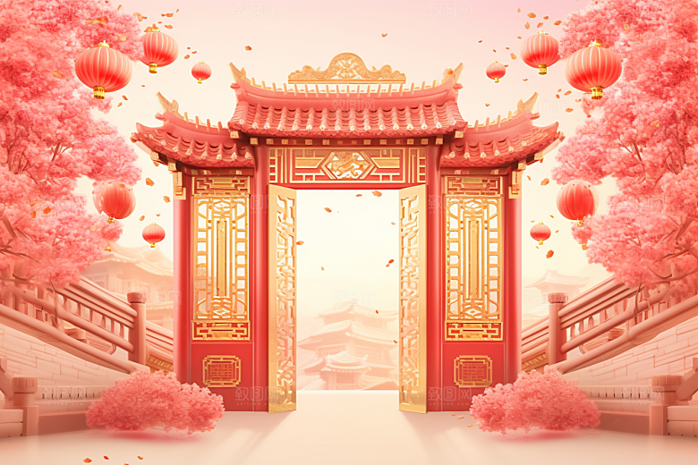 中式传统门楼喜庆促销背景图
