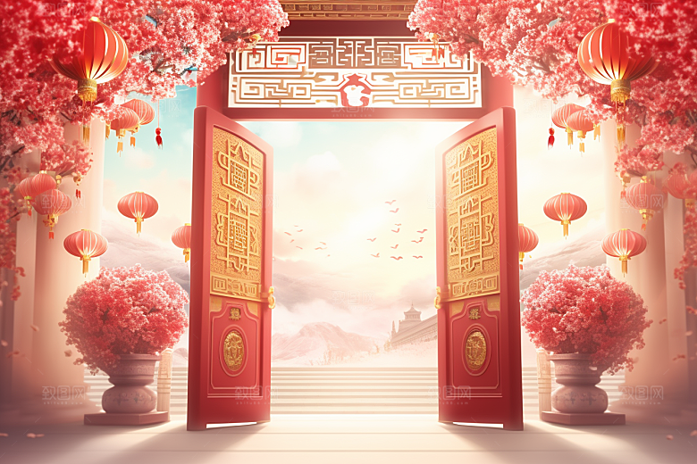 中式传统门楼热卖开业背景图