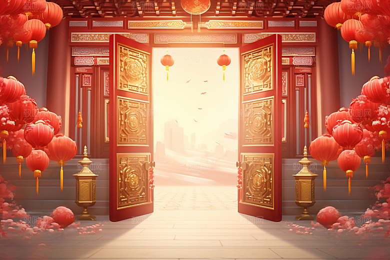 中式传统门楼开业大吉直播背景图