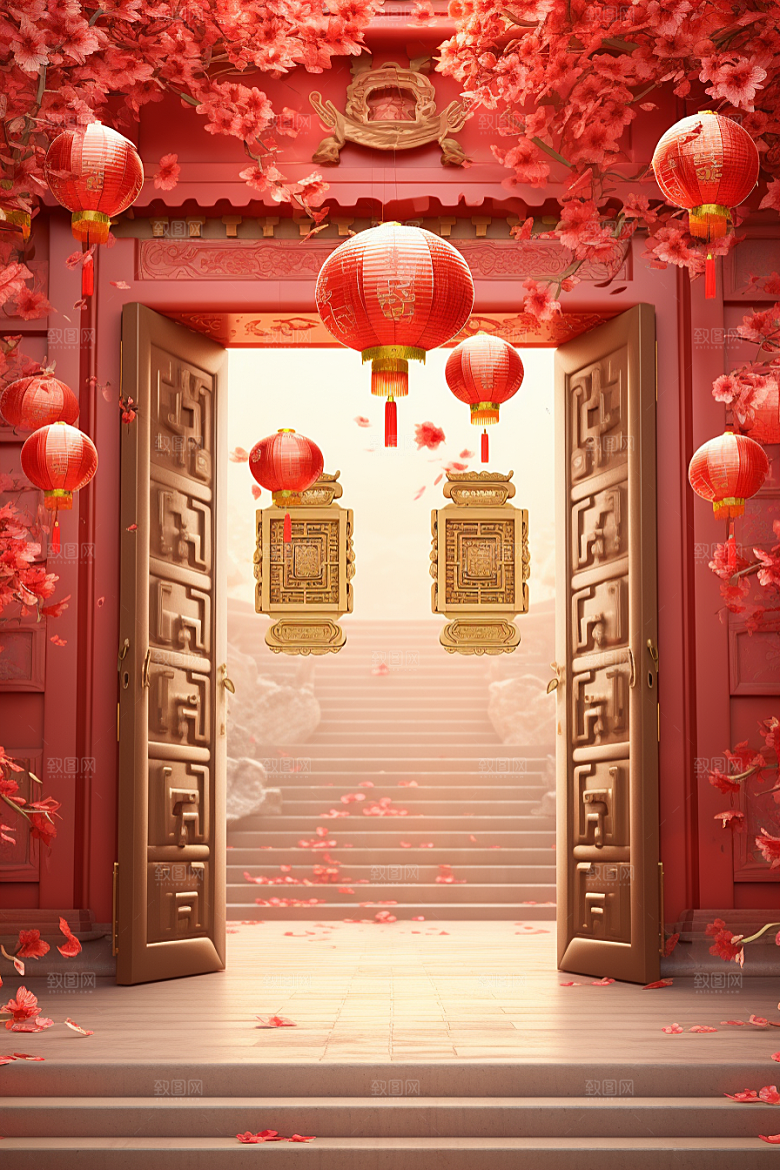 中式传统门楼中国风开门红背景图