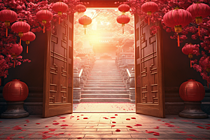中式传统门楼直播开门红背景图