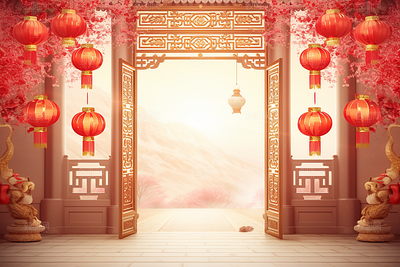 中式传统门楼直播火热背景图