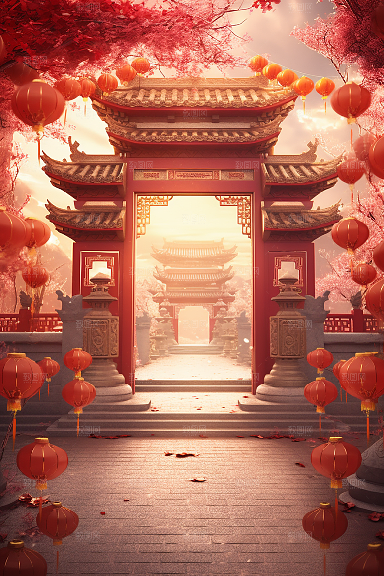 中式传统门楼国潮直播背景图