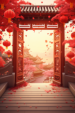 中式传统门楼喜庆热卖背景图
