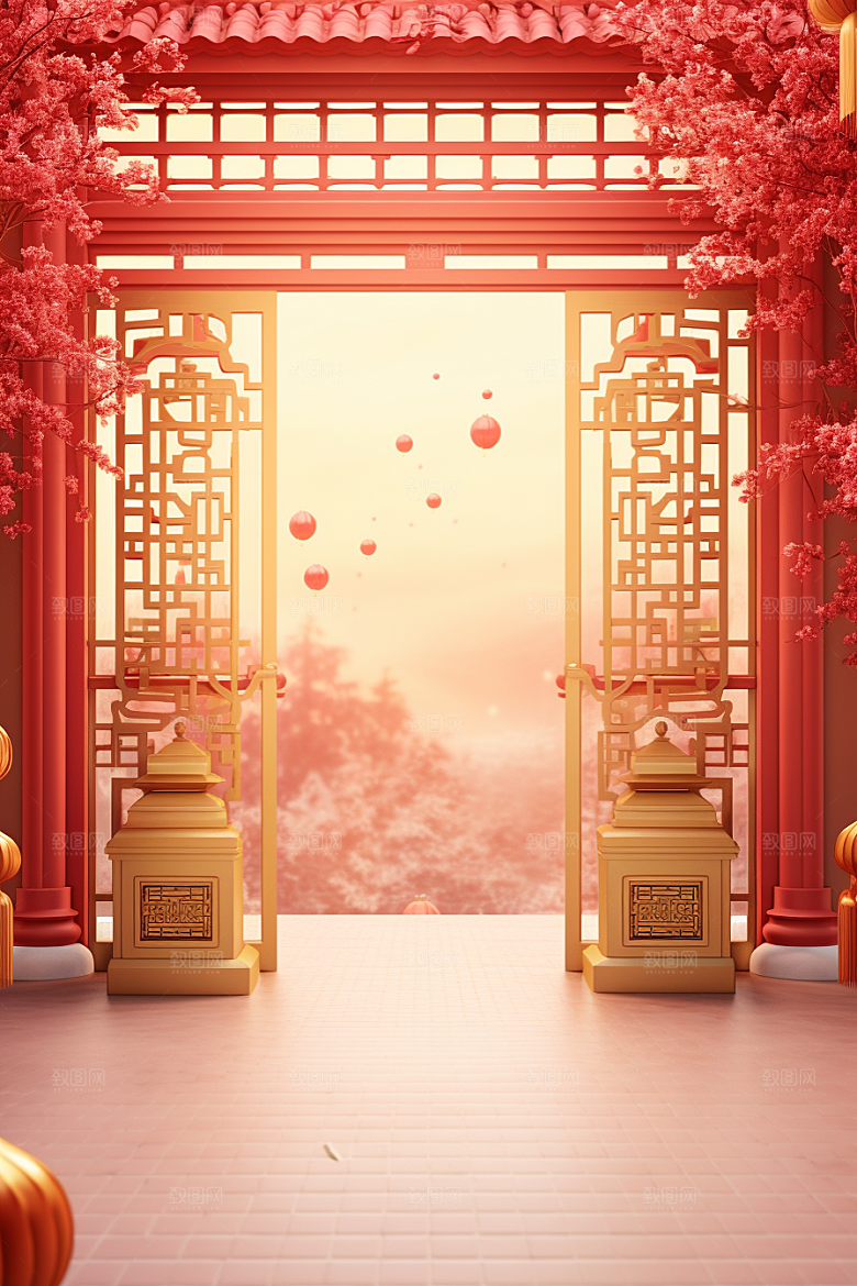 中式传统门楼国潮开业大吉背景图