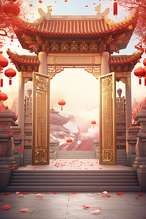 中式传统门楼开门红开业大吉背景图