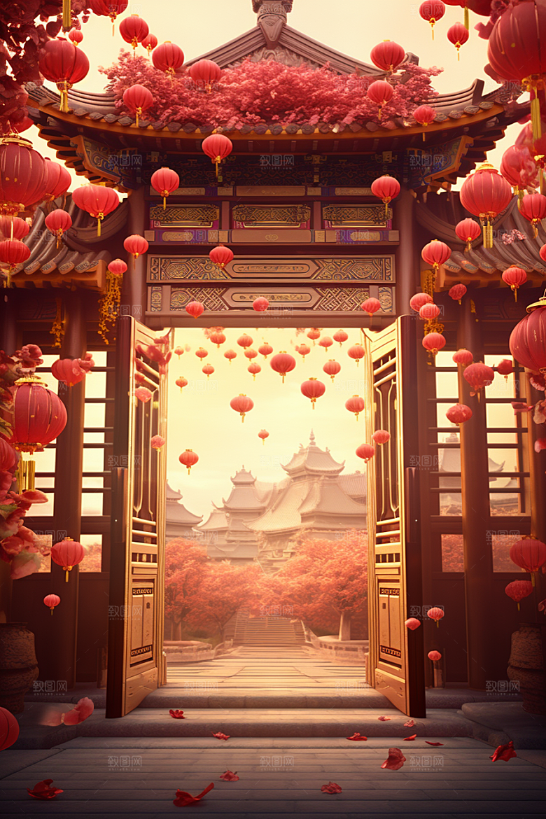 中式传统门楼促销直播背景图