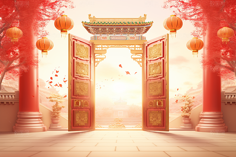 中式传统门楼开业大吉热卖背景图