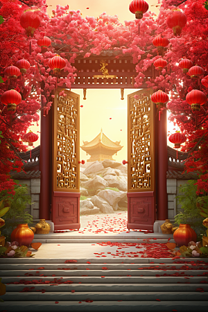 中式传统门楼开业开业大吉背景图
