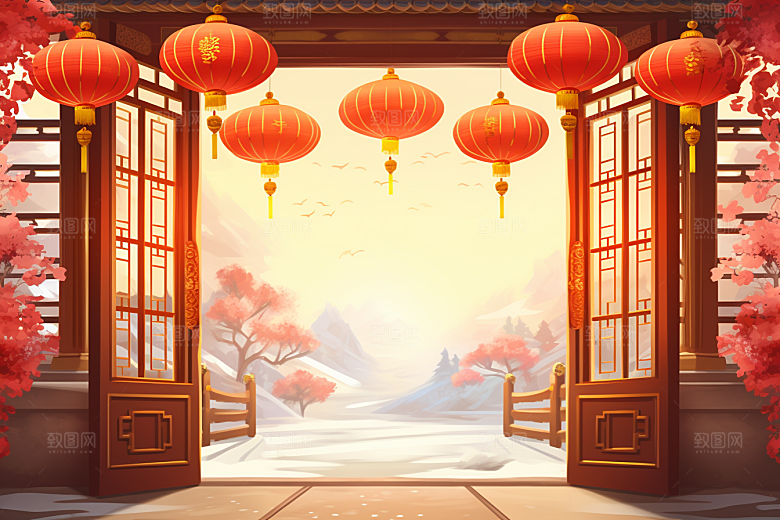 中式传统门楼开业大吉喜庆背景图