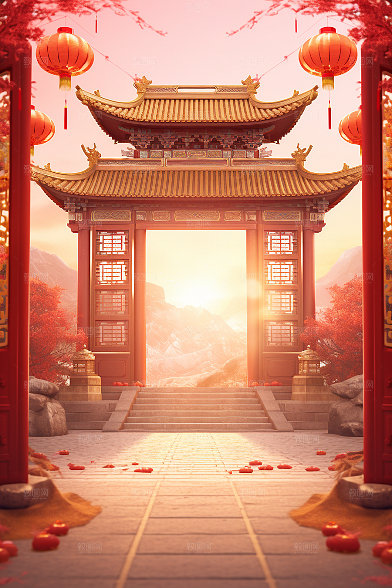 中式传统门楼热卖开业大吉背景图