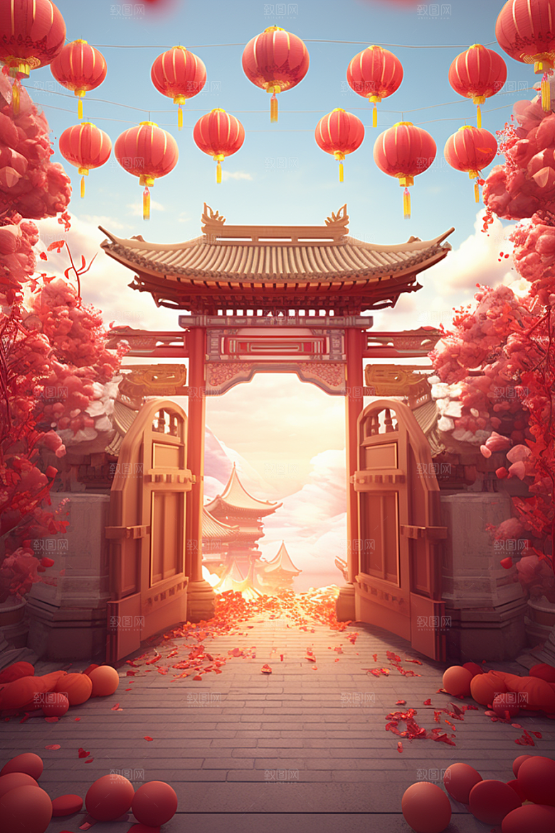 中式传统门楼火热国潮背景图