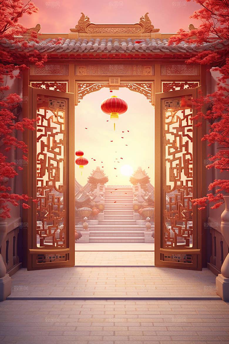 中式传统门楼中国风开业大吉背景图