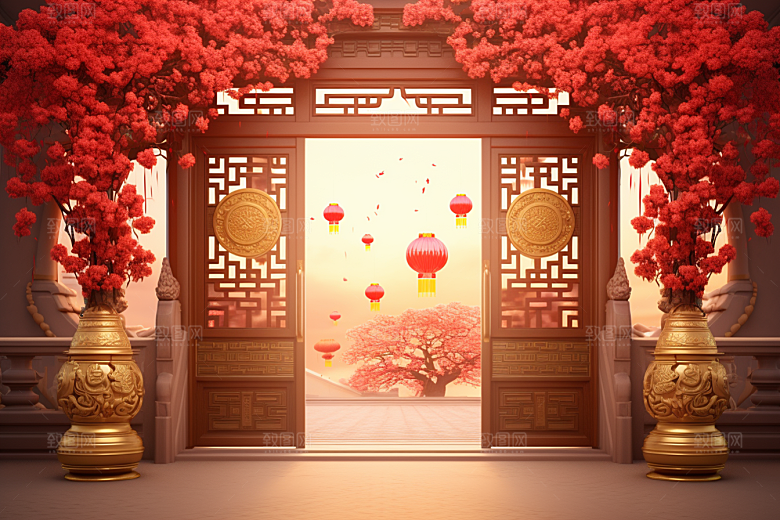 中式传统门楼喜庆开门红背景图