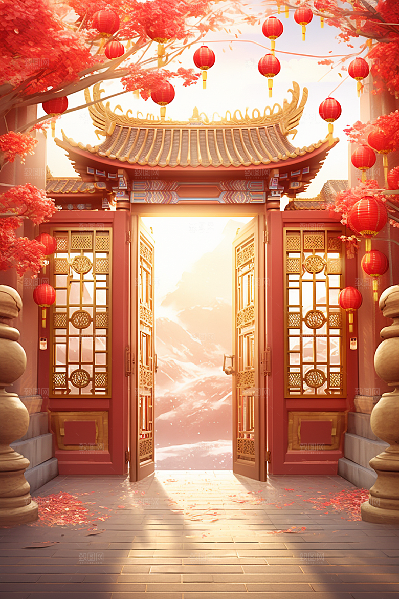 中式传统门楼开业国潮背景图