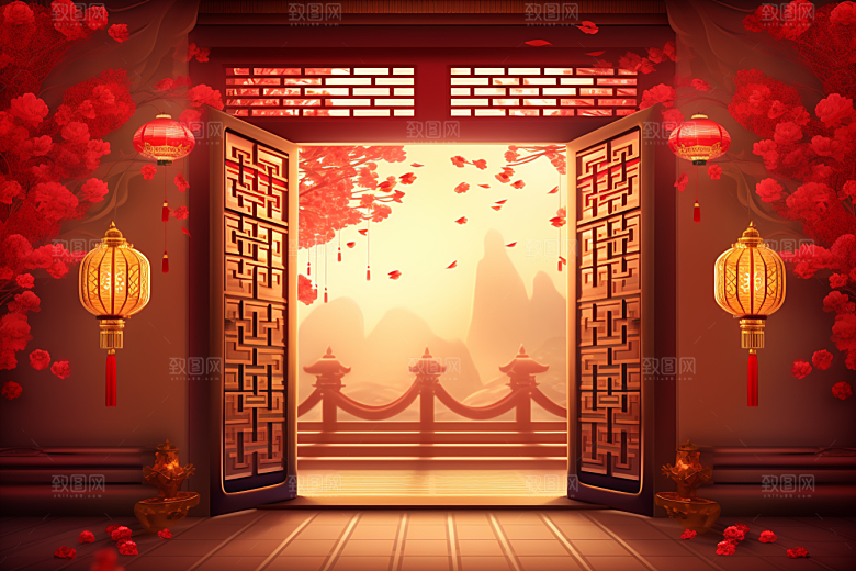 中式传统门楼开门红国潮背景图