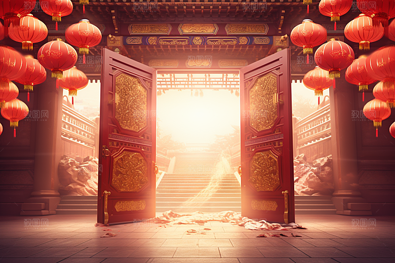 中式传统门楼国潮开门红背景图