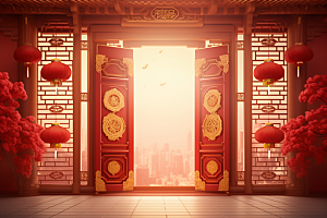 中式传统门楼热卖开业背景图