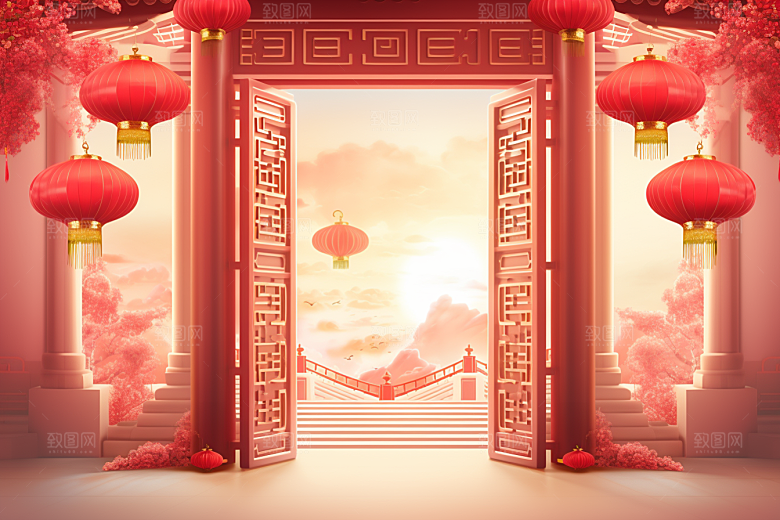 中式传统门楼促销开业背景图