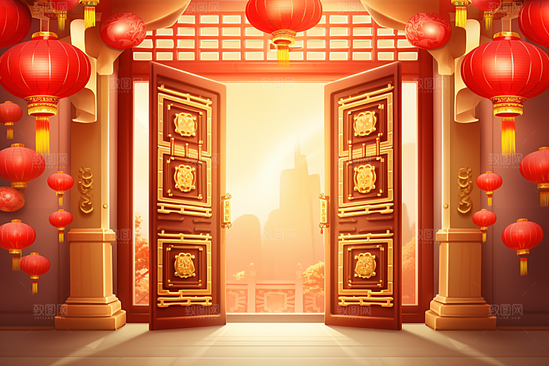 中式传统门楼火热开门红背景图