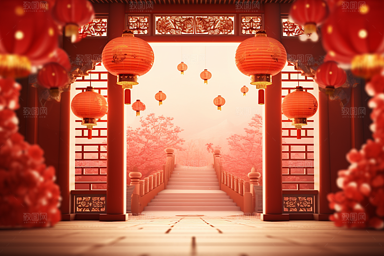 中式传统门楼开业直播背景图