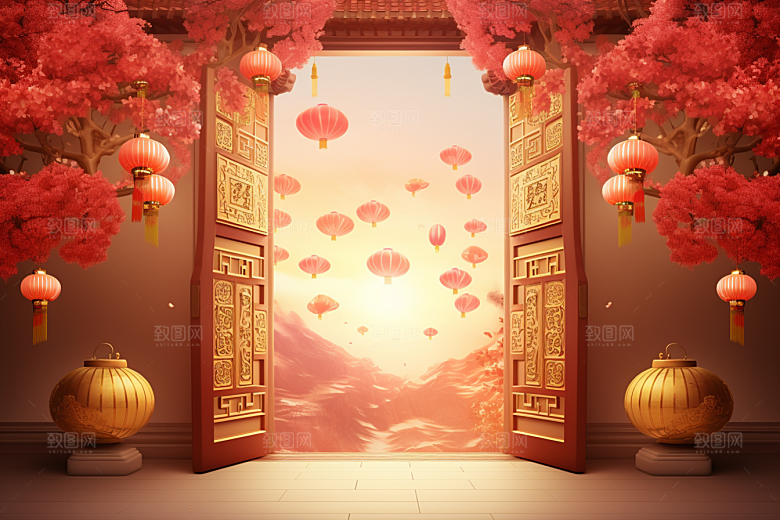 中式传统门楼喜庆直播背景图