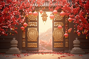 中式传统门楼开门红火热背景图