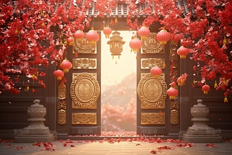 中式传统门楼开门红火热背景图