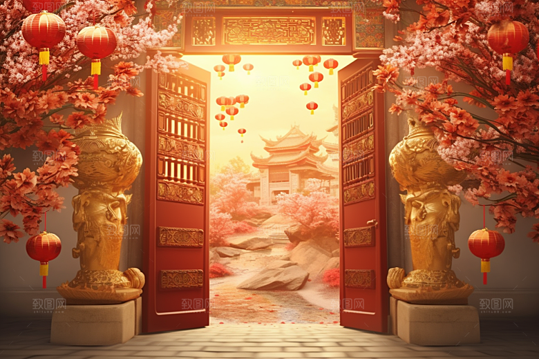 中式传统门楼开门红火热背景图