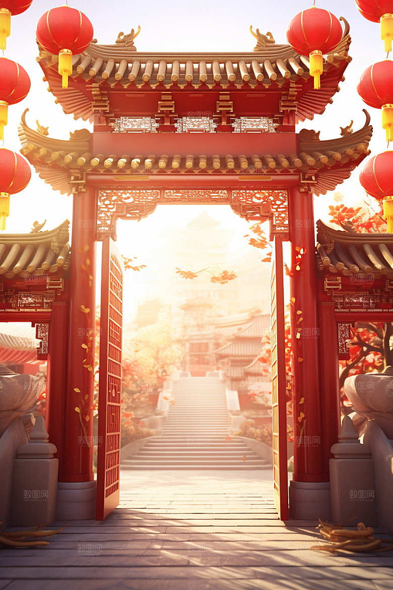 中式传统门楼热卖开业背景图