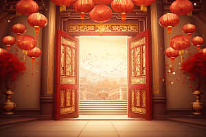 中式传统门楼促销国潮背景图