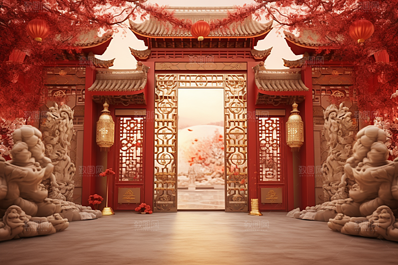 中式传统门楼开门红直播背景图